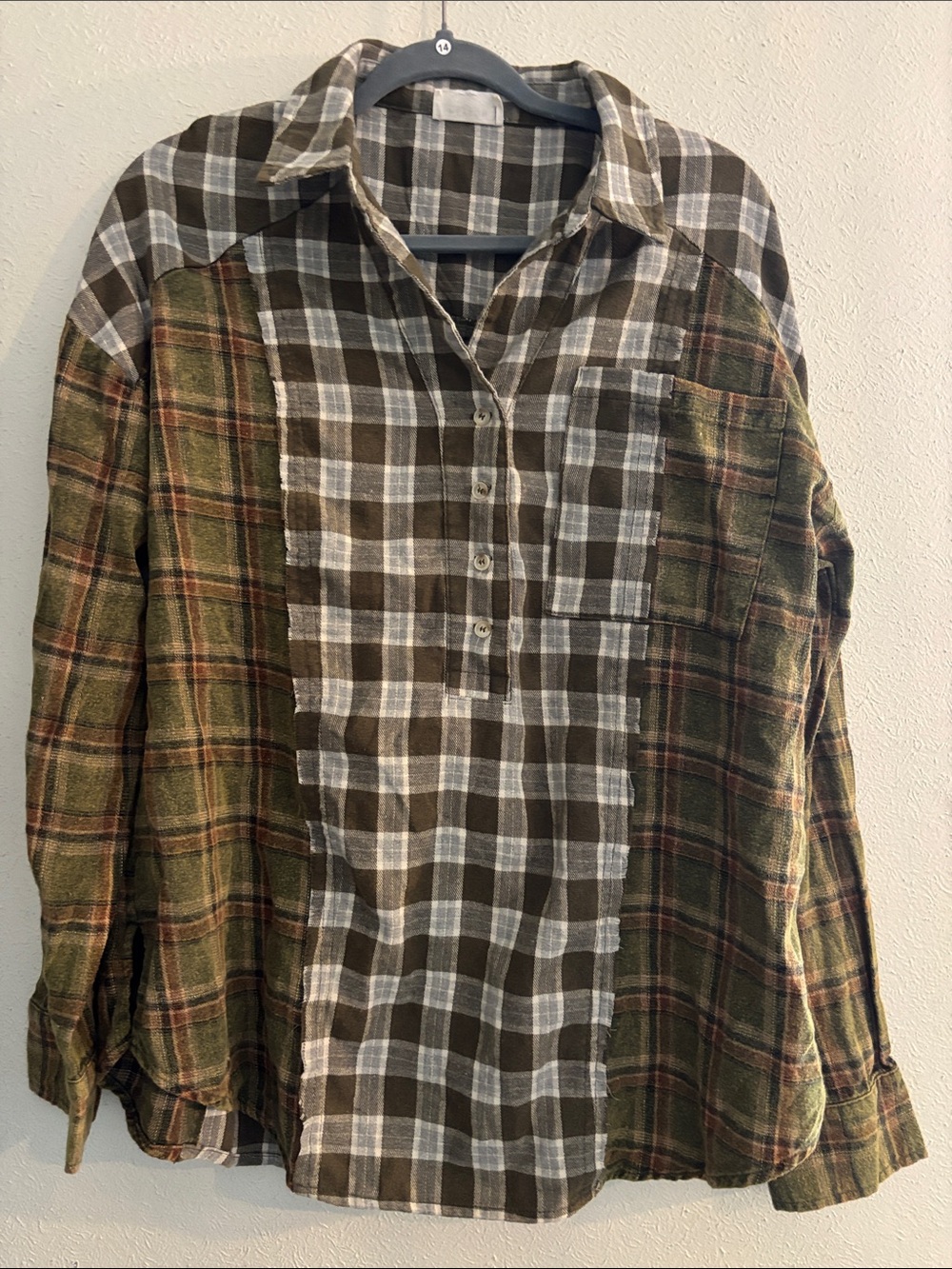 Plaid Mixed-Panel Button-Down Shirt in Olive and Brown